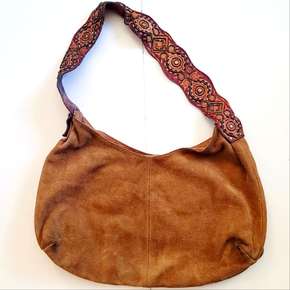 Chicos Brown Suede Shoulder Bag w/Patterned Strap